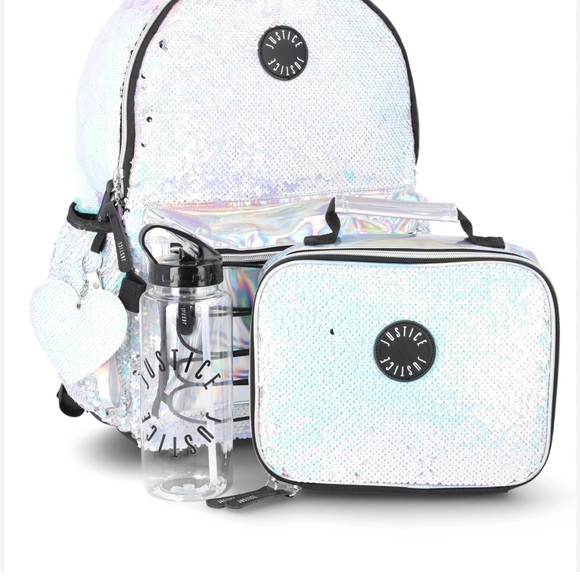 Justice Holographic Sequin Backpack Set - iridescent white silver 17 inch - Picture 1 of 13